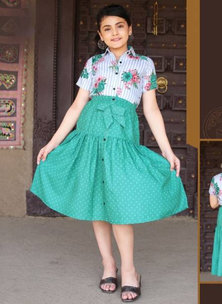 Green Colour New Latest Fancy Kids Wear Rayon Skirt Top Collection Vina 5